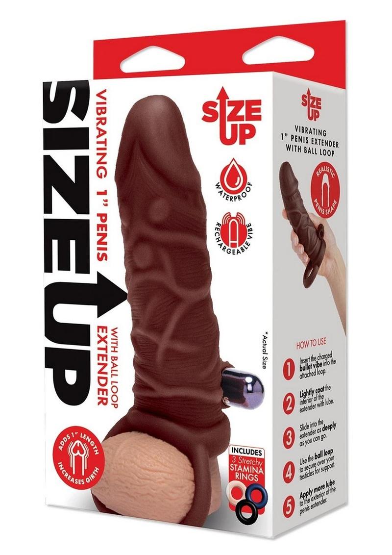 Size Up Silicone Vibrating Realistic Penis Extender with Ball Loop - Chocolate - 1in