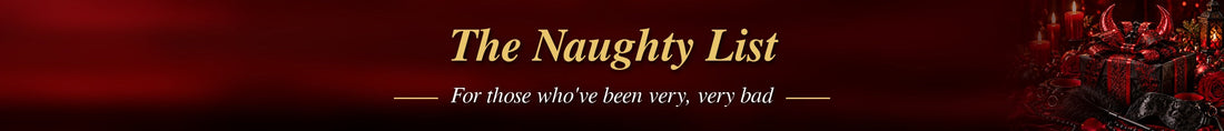 kinky Christmas gifts with leather cuffs, feather tickler, and lace blindfold beside a black and red gift box with devil horns