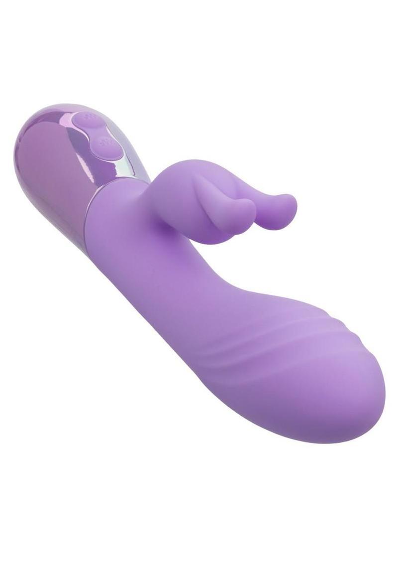 Waterproof rechargeable silicone dual bunny vibrator flickering ears and curved shaft for intense clitoral and internal stimulation