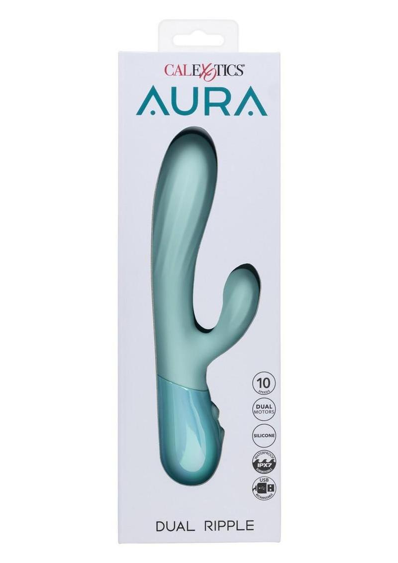 dual silicone massager featuring rippled shaft and external stimulator for powerful internal and external pleasure