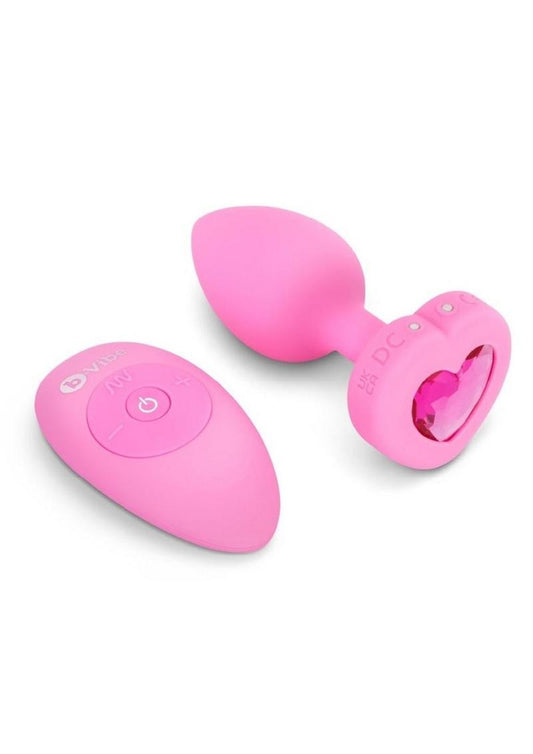 B-Vibe Vibrating Heart Shape Jewel Rechargeable Silicone Anal Plug with Remote - Pink - Medium/Small