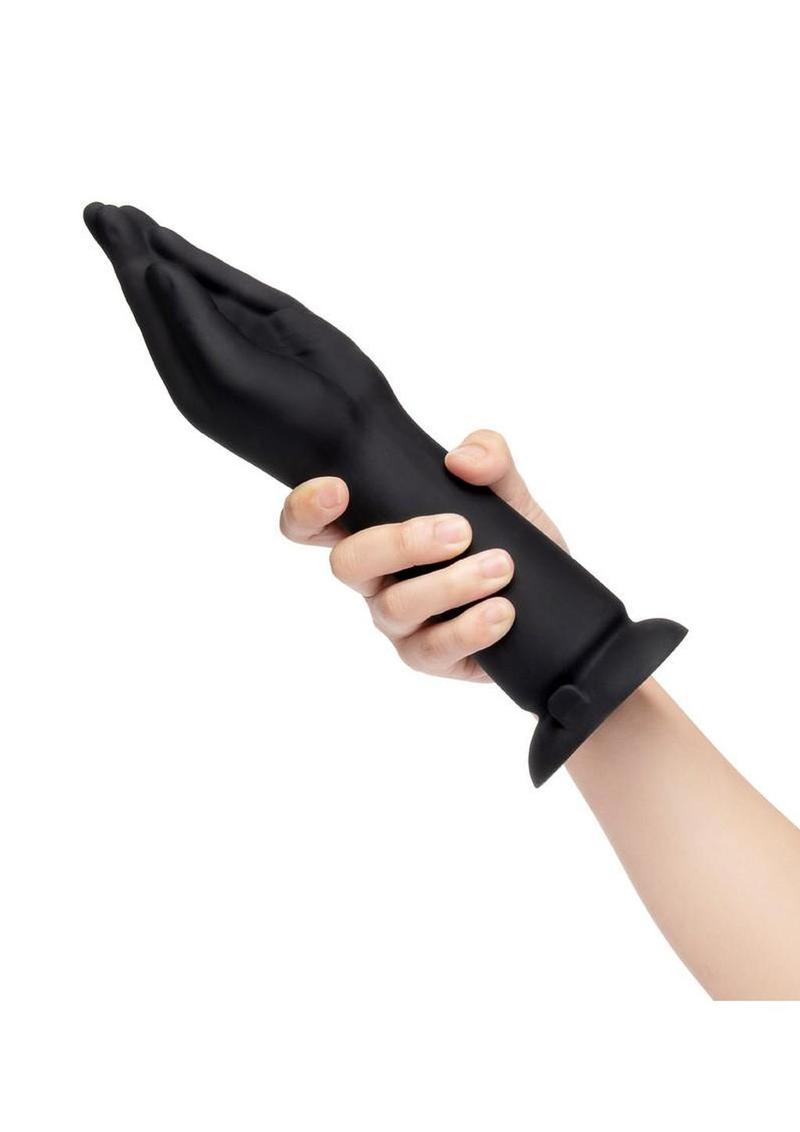 smooth silicone vibrating fisting toy with flared base and safety grip