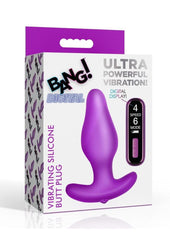 Bang! Vibrating Rechargeable Silicone Butt Plug with Digital Remote Control - Purple