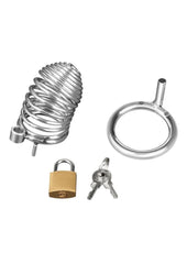 iron finish chastity cage featuring thick base ring and open bar design for safe long term wear