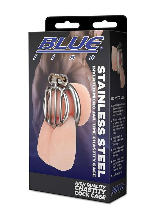 blueline stainless steel inverted micro chastity cage for strict male restraint and control play