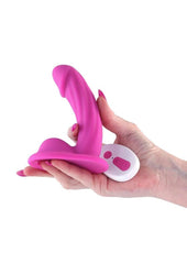 Curved silicone dildo with wireless remote control and textured shaft for targeted vibrating pleasure