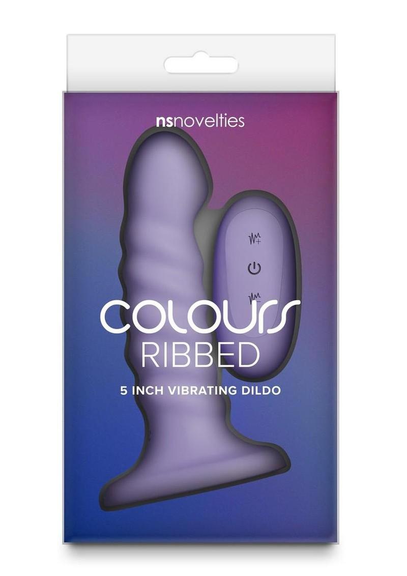 Colours Ribbed Rechargeable Silicone Vibrating Dildo with Remote Control - Purple - 5in