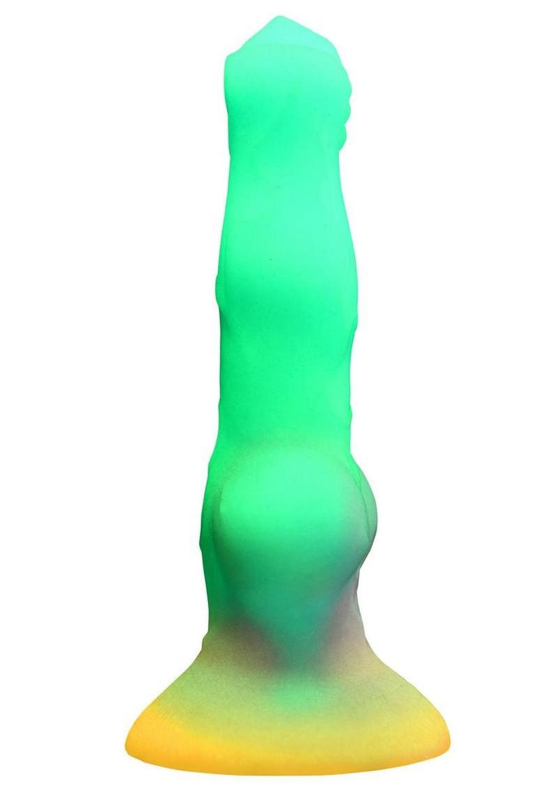 glowing silicone dildo with textured shaft and suction base