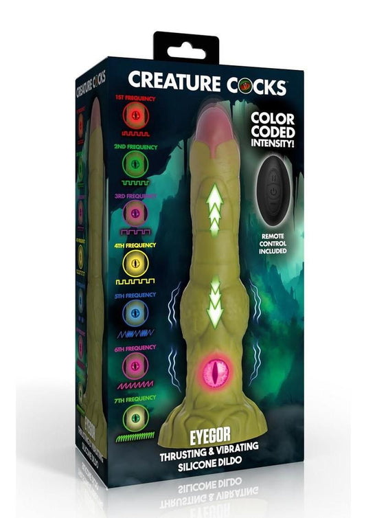 Creature Cocks Eyegor Thrusting and Vibrating Rechargeable Silicone Dildo - Green premium silicone thrusting dildo for adult toy store shoppers