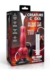 Red fantasy squirting silicone dildo with knotted canine inspired design