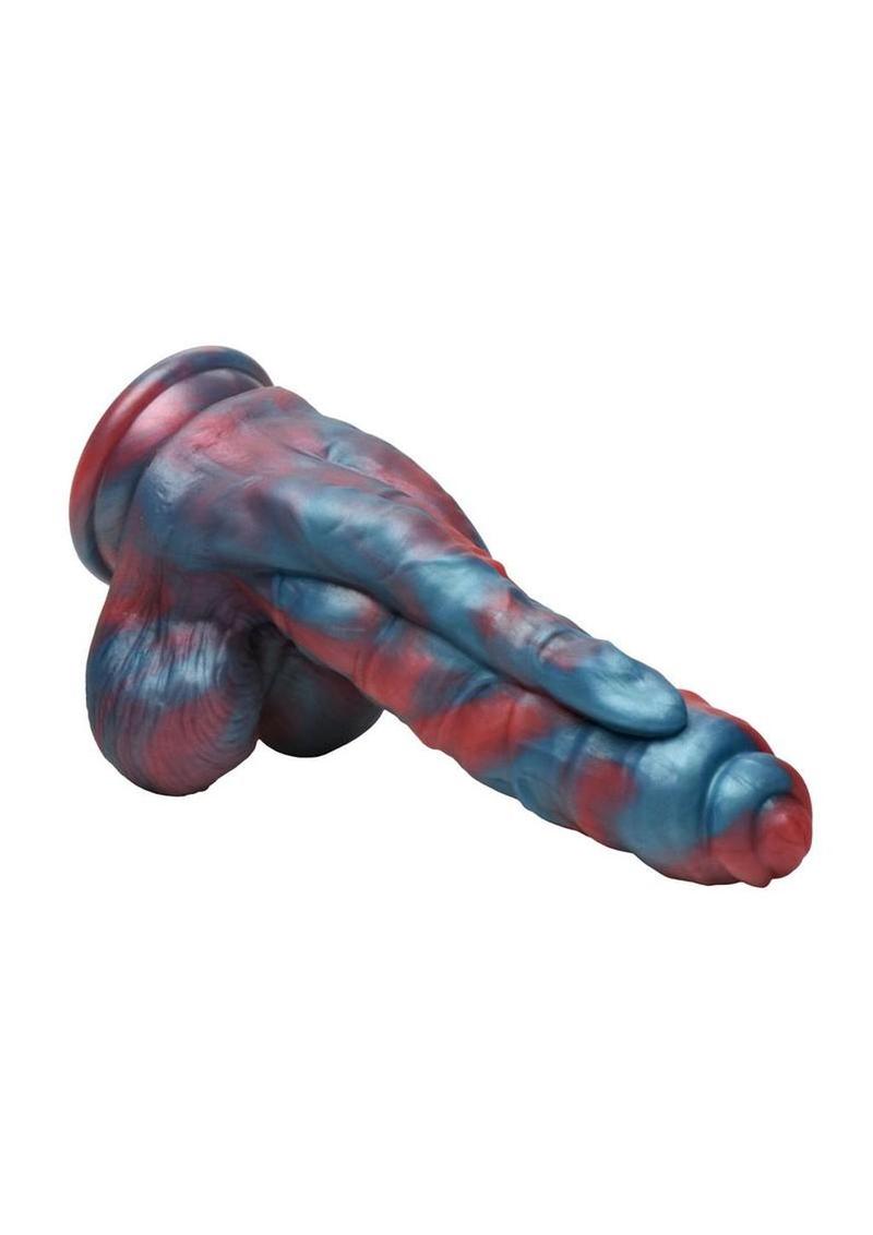 creature cocks hydra x triple head vibrating fantasy dildo with red and blue swirled silicone