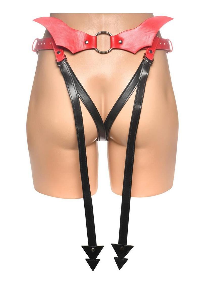 red black bondage harness with open back design