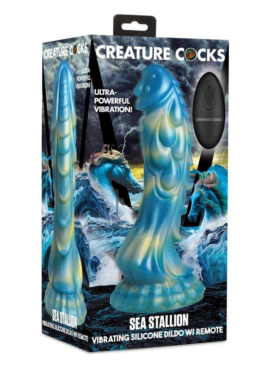 Creature Cocks Sea Stallion Silicone Rechargeable Dildo with Remote - Blue/Yellow