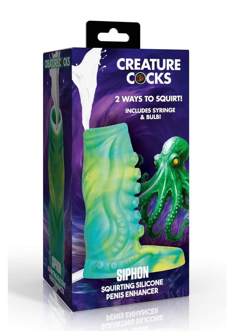 Tentacle squirting silicone sleeve designed for fantasy play with soft texture, suction detail, and attached cock ring