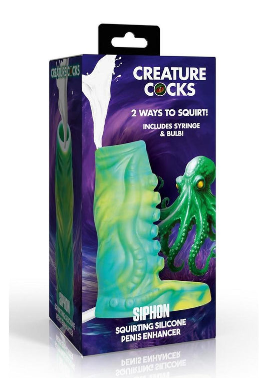 Tentacle squirting silicone sleeve designed for fantasy play with soft texture, suction detail, and attached cock ring