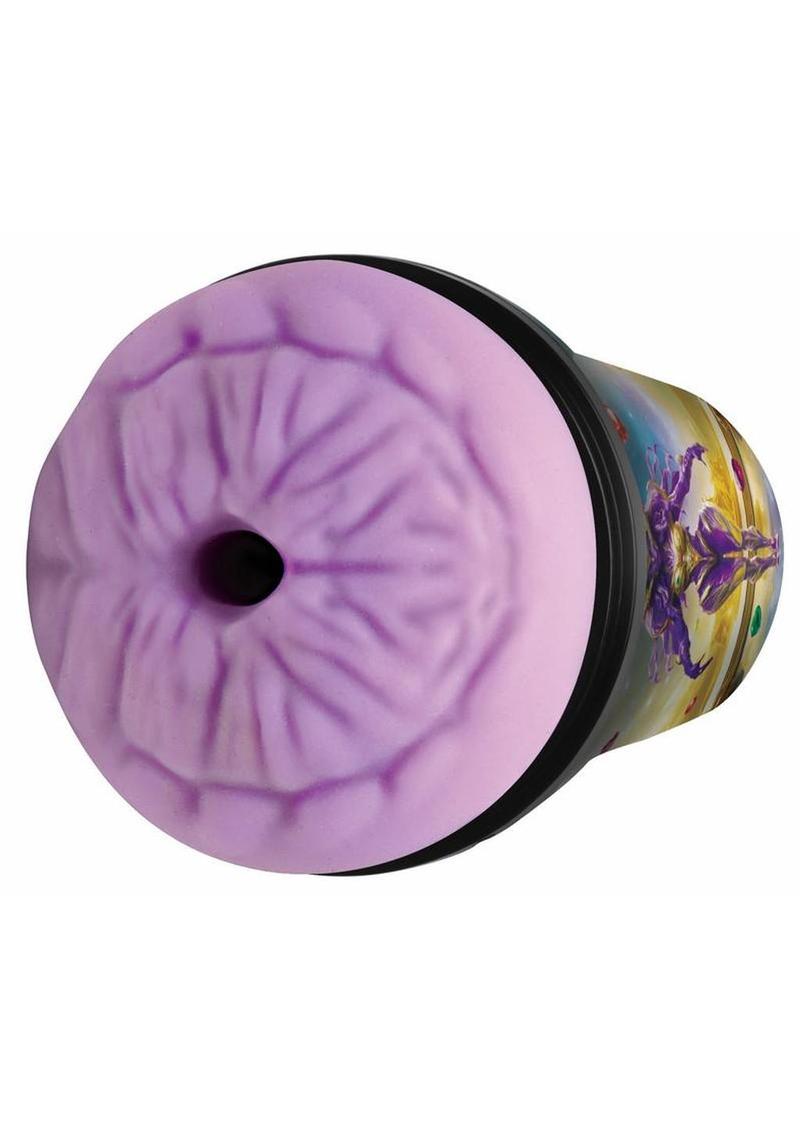 Fantasy cock stroker with body safe rubber sleeve and flexible internal grooves for pleasure