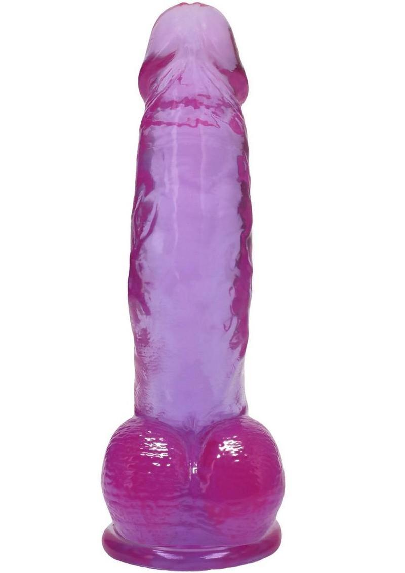 Purple crystal jelly dildo with balls at our adult toy store