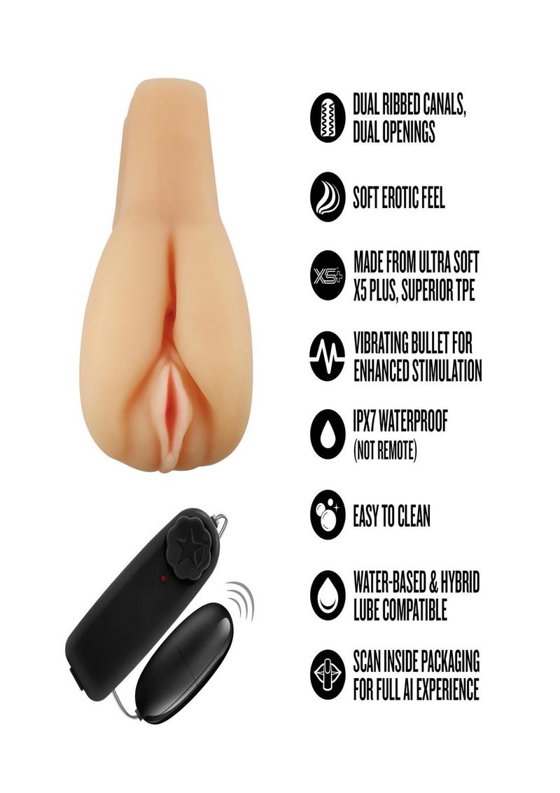 vibrating realistic masturbator with dual openings