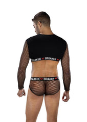 male lingerie outfit with sheer mesh sleeves and supportive briefs