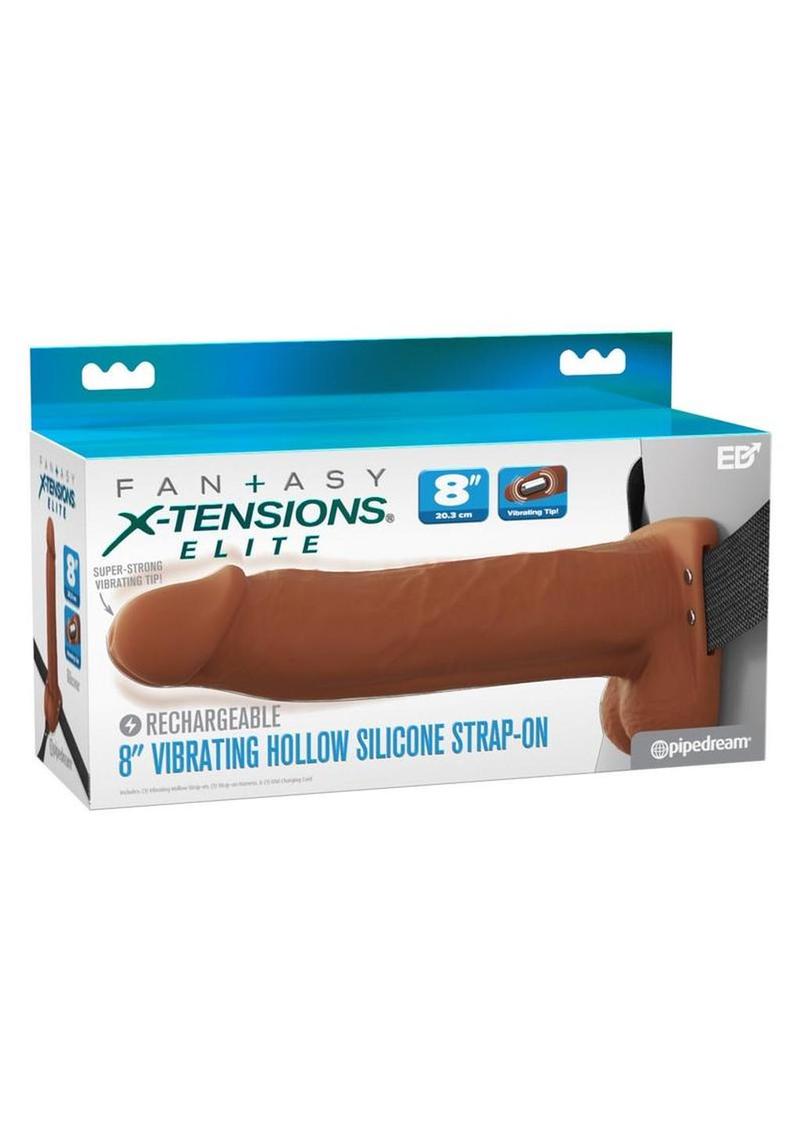 Fantasy X-Tensions Elite Vibrating Rechargeable Silicone Dual Density Hollow Strap-On - Caramel - 8in