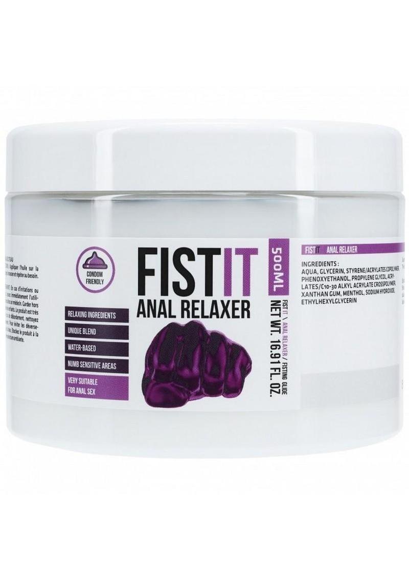 Fist It Anal Relaxer Water Based Lubricant - Long-lasting anal relaxer lubricant shown with condom and toy compatibility icons 16.9oz/500ml