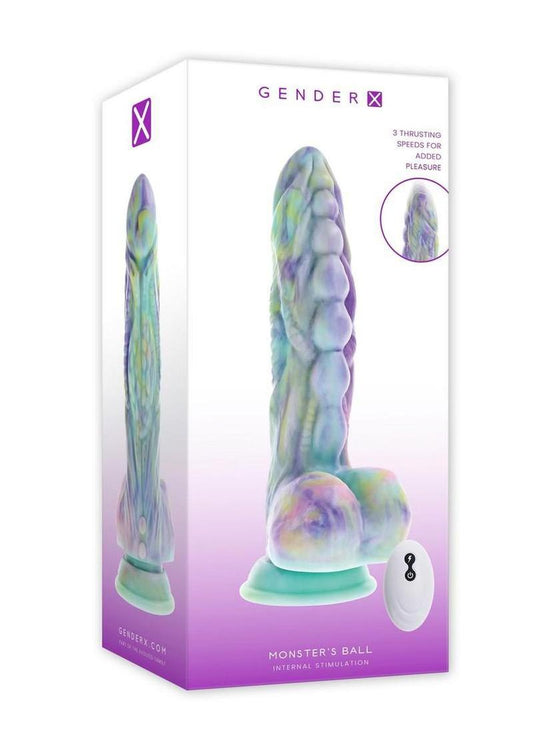 Gender X Monster's Ball Rechargeable Silicone Thrusting Vibrating Dildo with Remote - Multicolor