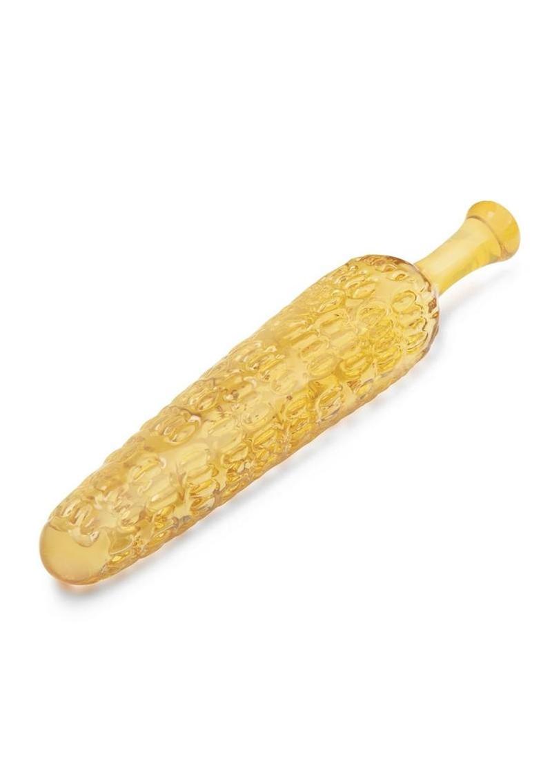 clear yellow glass dildo designed as corn on the cob for unique erotic fun