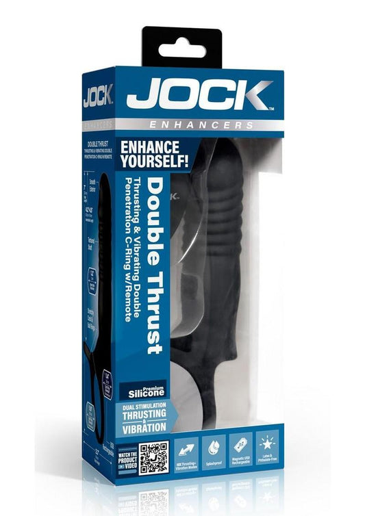 Jock Double Thrust Thrusting and Vibrating Double Penetration Rechargeable Silicone Cock Ring W/ Remote - Black