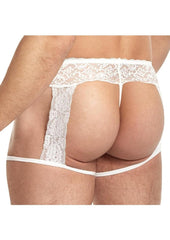 Lace King Men's Lace and Mesh Garter Panty - White - Large/XLarge