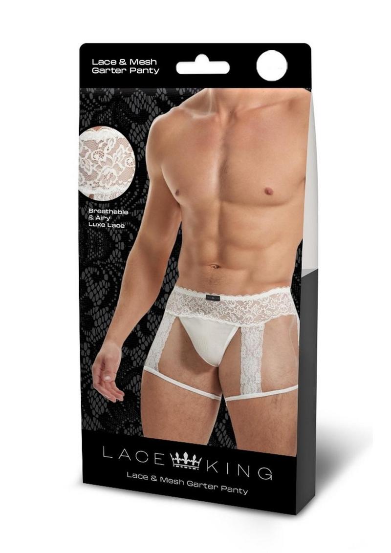 Lace King Men's Lace and Mesh Garter Panty - White - Large/Medium