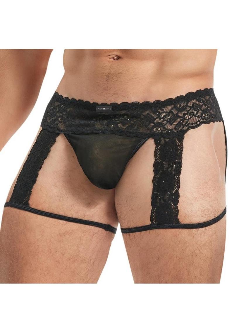 Lace King Men's Lace and Mesh Garter Panty - Black - Medium/Small