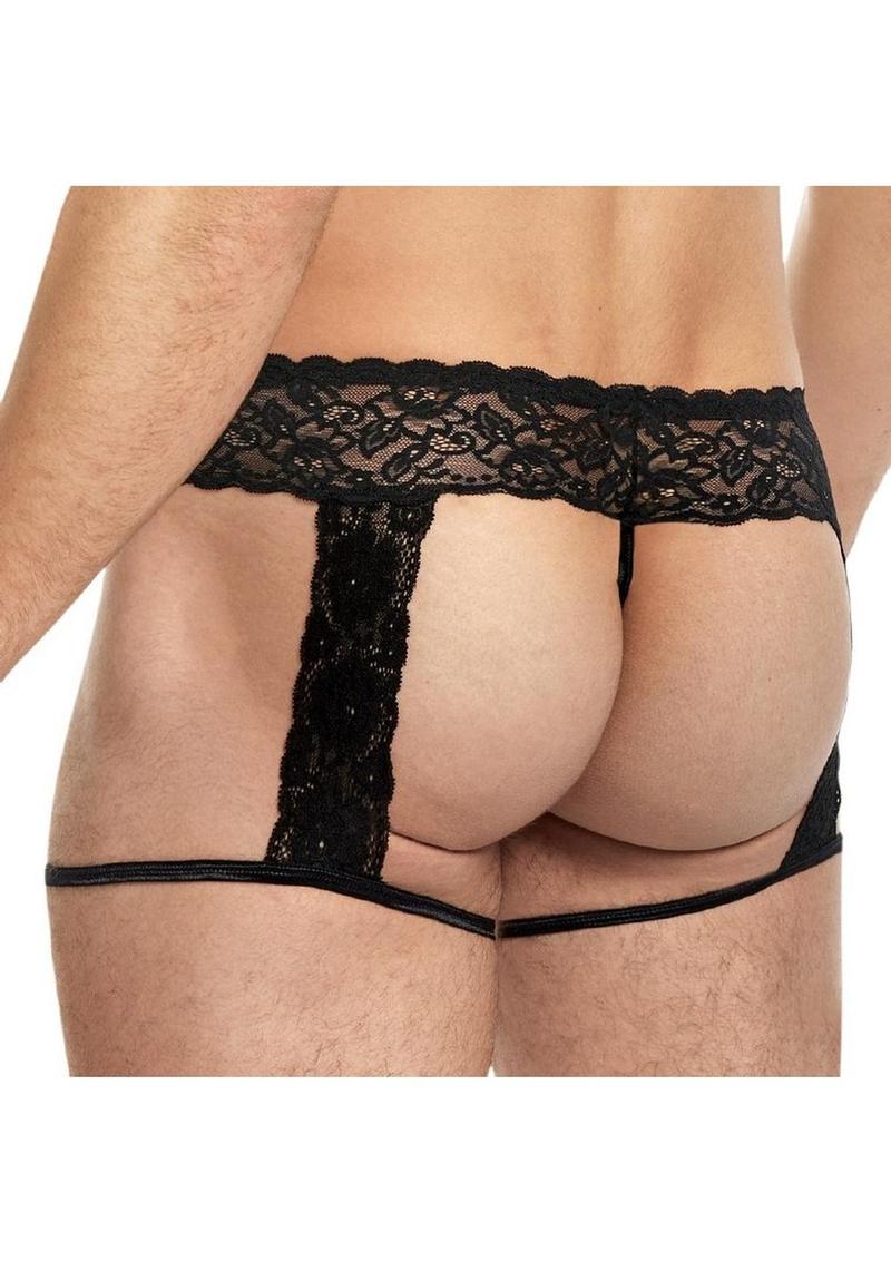 Lace King Men's Lace and Mesh Garter Panty - Black - Medium/Small