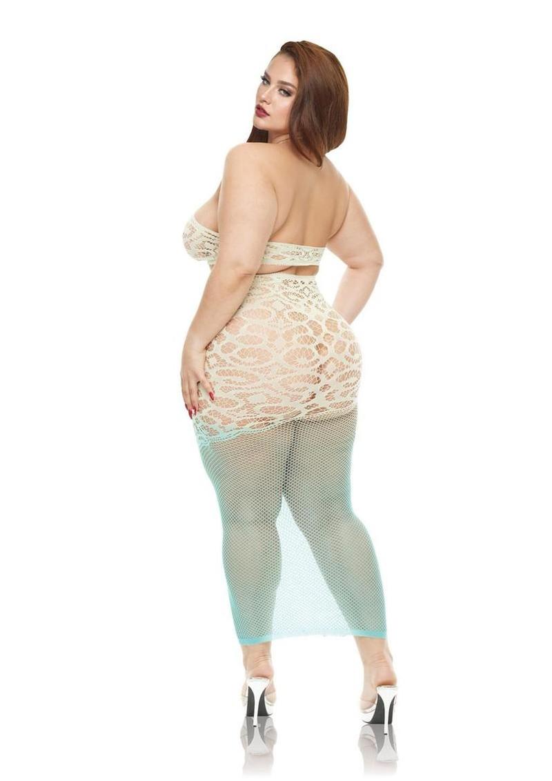 bbw green lace lingerie set with sheer fishnet skirt