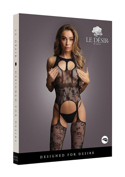 Le Desir Lace Suspender Bodystocking with Round Neck - Black - One Size