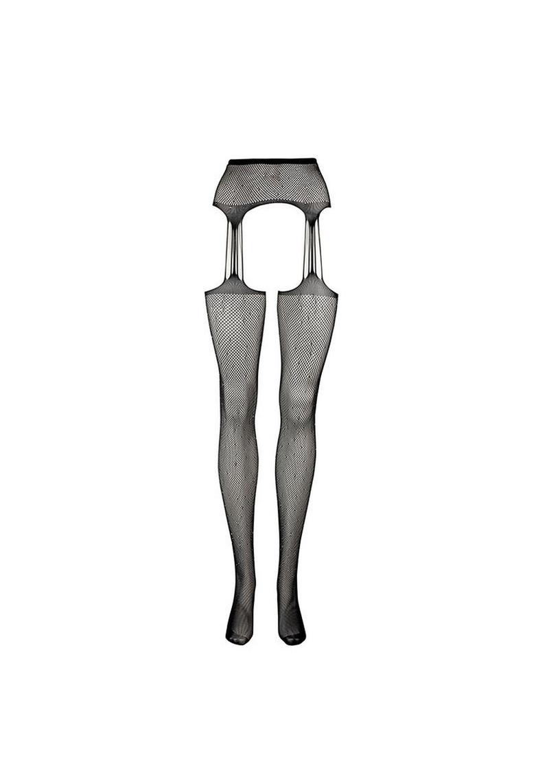 Le Desir Suspender Rhinestone Pantyhose - Black - One Size