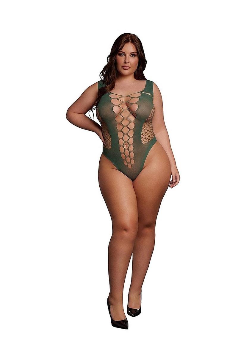 Le Desir V-Neck Teddy with Opaque Panels - Green - Queen