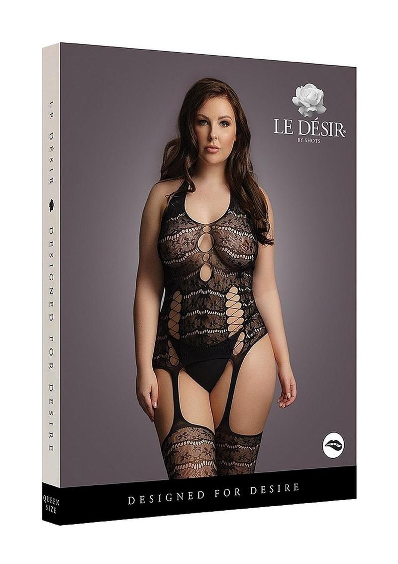 Le Desire Lace Suspender Bodystocking - Black - Queen