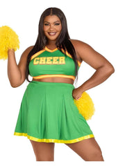 Leg Avenue Bring It Baddie Set Top with Cheer Logo, Pleated Skirt and Pom Pom (3 Piece) - 1x/2x - Green