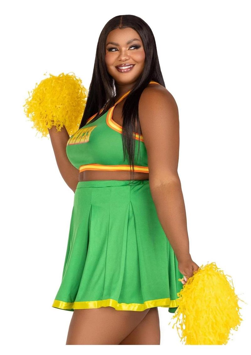 Leg Avenue Bring It Baddie Set Top with Cheer Logo, Pleated Skirt and Pom Pom - Green - 3XLarge/4XLarge - 3 Piece