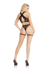 sheer lingerie with cross back detail and garter panty
