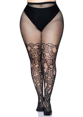 Leg Avenue Floral Vine Net Tights - Plus - Black - Queen