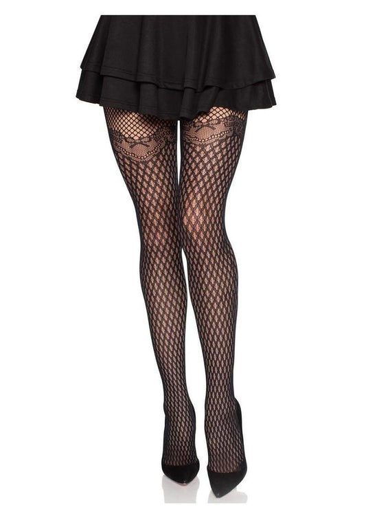 Leg Avenue Gilded Grid Net Tights with Bow Lace Top - Black - One Size