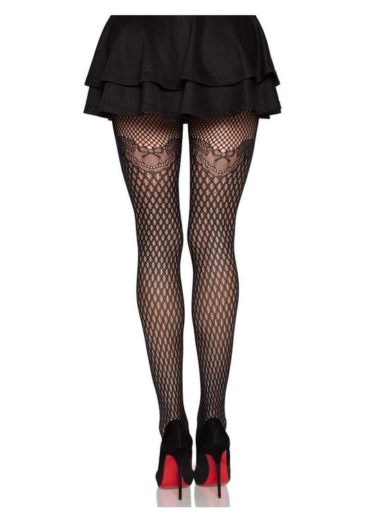 Leg Avenue Gilded Grid Net Tights with Bow Lace Top - Black - One Size