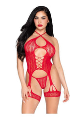 Leg Avenue Heart Halter Cami Garter and G-String Panty - Red - One Size - 2 Piece