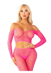 Leg Avenue Heart Net Off The Shoulder Crop Top and Footless Tights - Pink - One Size - 2 Piece