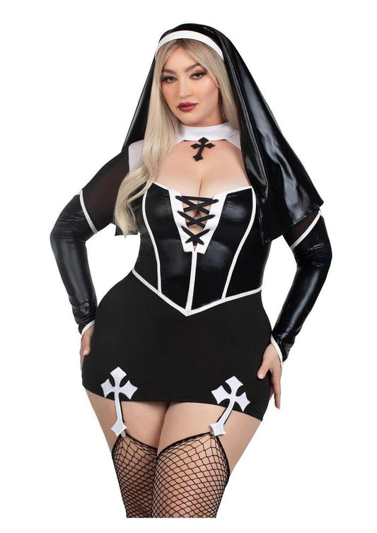 Leg Avenue Holy Hottie Set Boned Garter Dress with Cross Accents and Nun Habit (2 Piece) - 1x/2x - Black/White