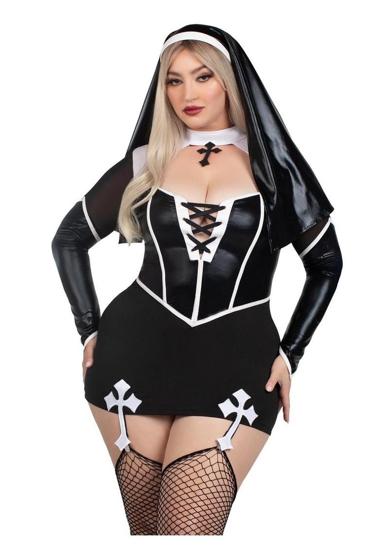 Leg Avenue Holy Hottie Set Boned Garter Dress with Cross Accents and Nun Habit - Black/White - 3XLarge/4XLarge - 2 Piece