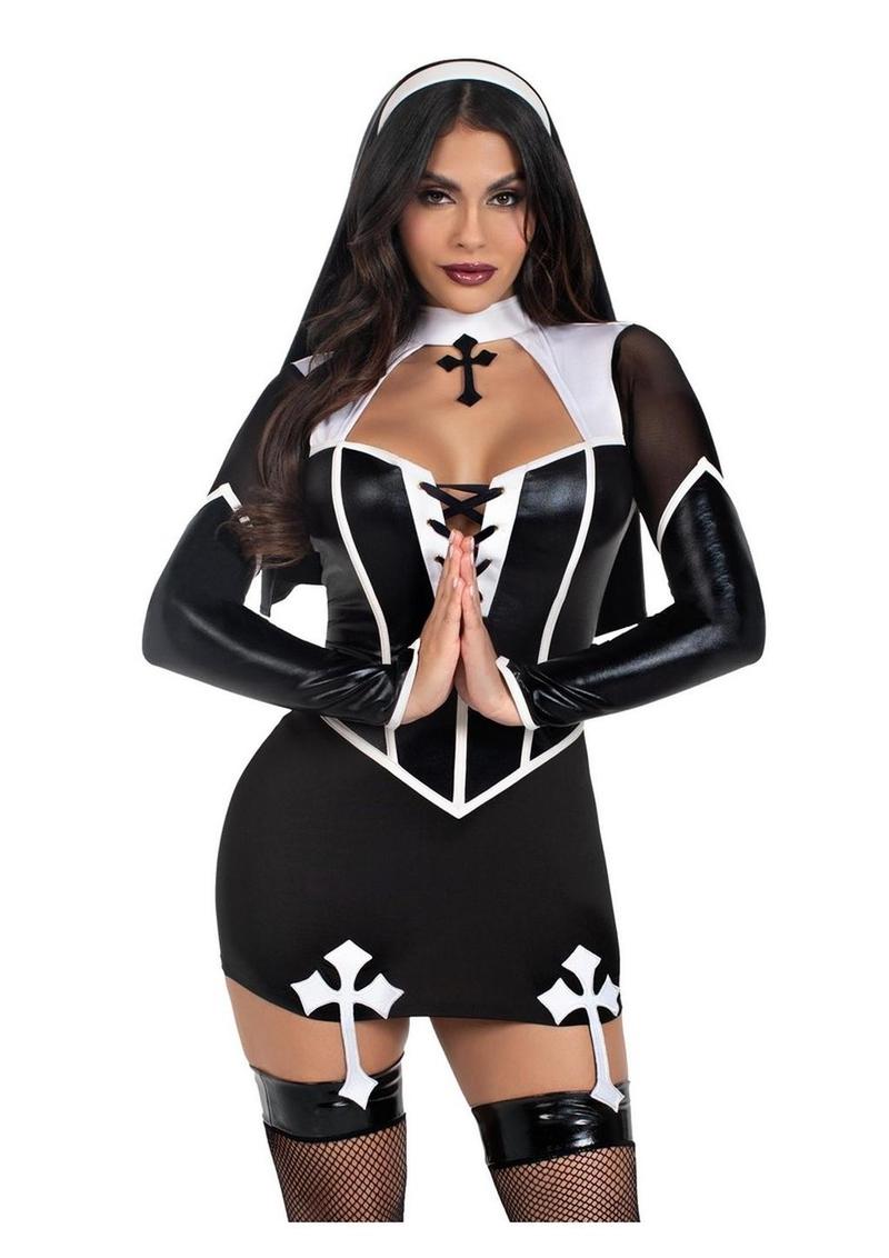 Leg Avenue Holy Hottie Set Boned Garter Dress with Cross Accents and Nun Habit - Black/White - Medium - 2 Piece