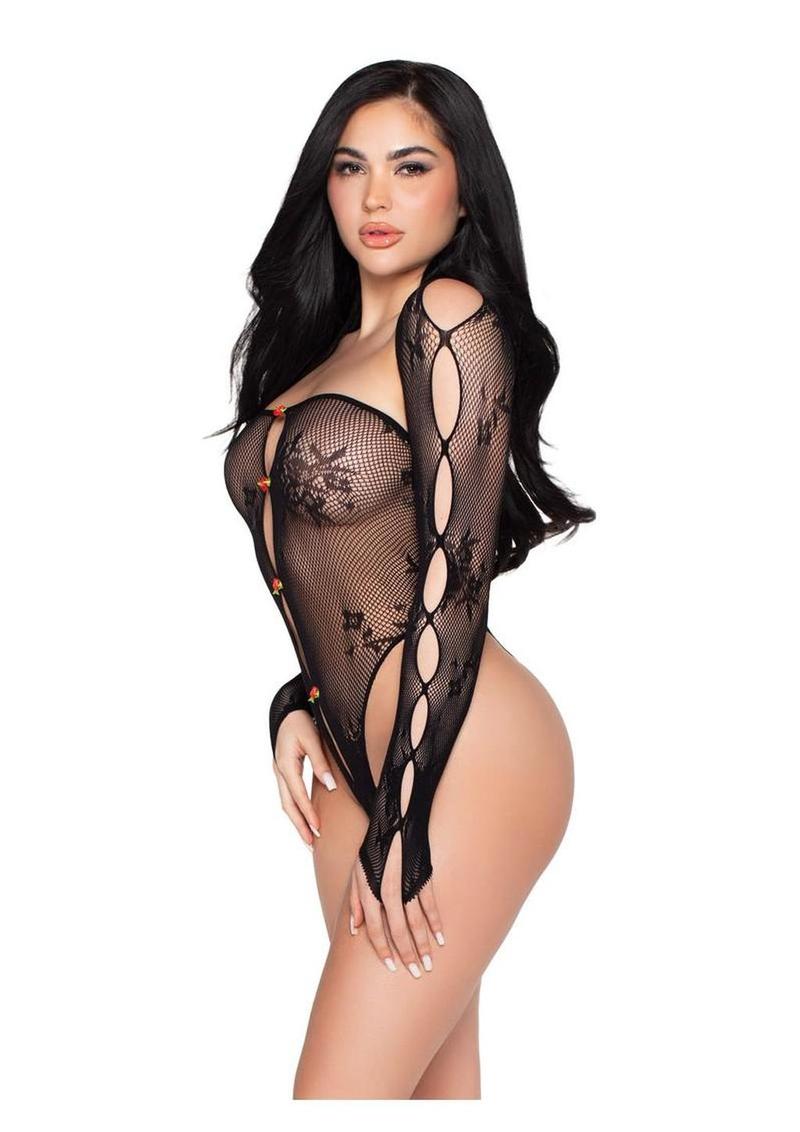 stretchy lace teddy with keyhole front and floral rosette detailing for sensual appeal