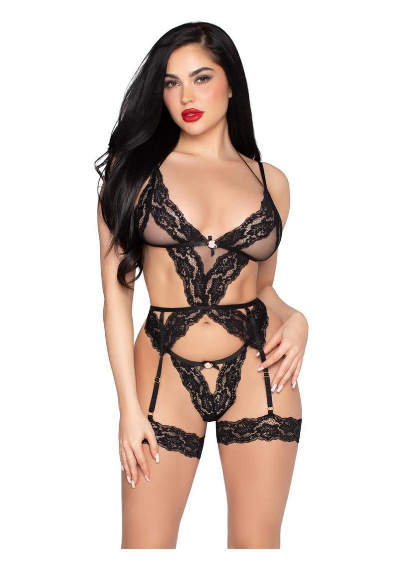 Leg Avenue Lace and Sheer Cami Garter with Rosette Accent and Matching G-String Panty - Black - Large - 2 Piece